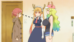 Kobayashi, Tooru e Lucoa, de Miss Kobayashi's Dragon Maid (foto: Reprodução/Crunchyroll)