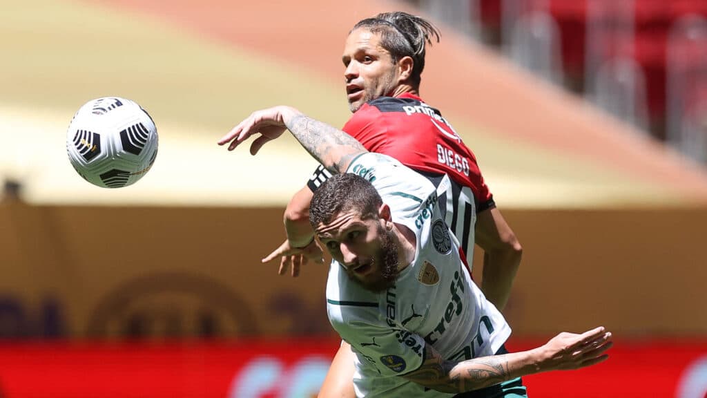 Zé Rafael, do Palmeiras, e Diego, do Flamengo, disputaram bola na partida da Supercopa do Brasil (foto: Cesar Greco/SEP)