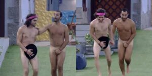 Gil do Vigor e Fiuk desfilaram nus para cumprir promessa (foto: Reprodução/TV Globo)