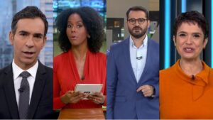 César Tralli, Maju Coutinho, Marcelo Cosme e Sandra Annenberg são os alvos da próxima onda de mudanças na Globo (foto: Reprodução/TV Globo e GloboNews)
