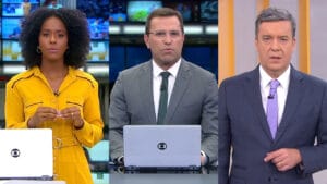Os apresentadores Maju Coutinho, Rodrigo Bocardi e Roberto Kovalick; telejornais da Globo perdem a liderança (foto: Reprodução)