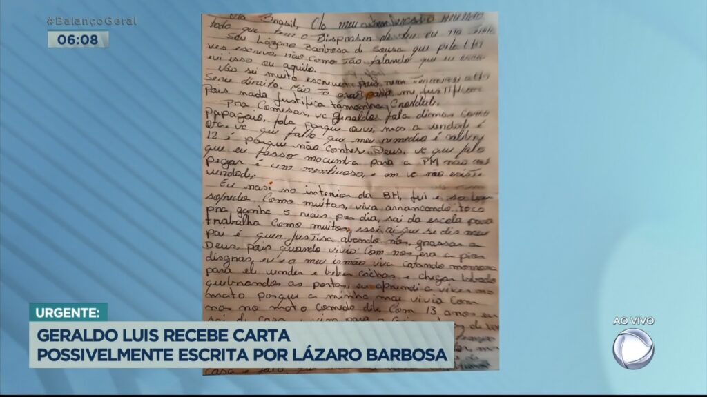 Record exibiu suposta carta de Lázaro Barbosa para Geraldo Luís (foto: Reprodução/Record)