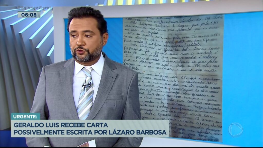 Geraldo Luís leu suposta carta de Lázaro Barbosa durante o Balanço Geral (foto: Reprodução/Record)