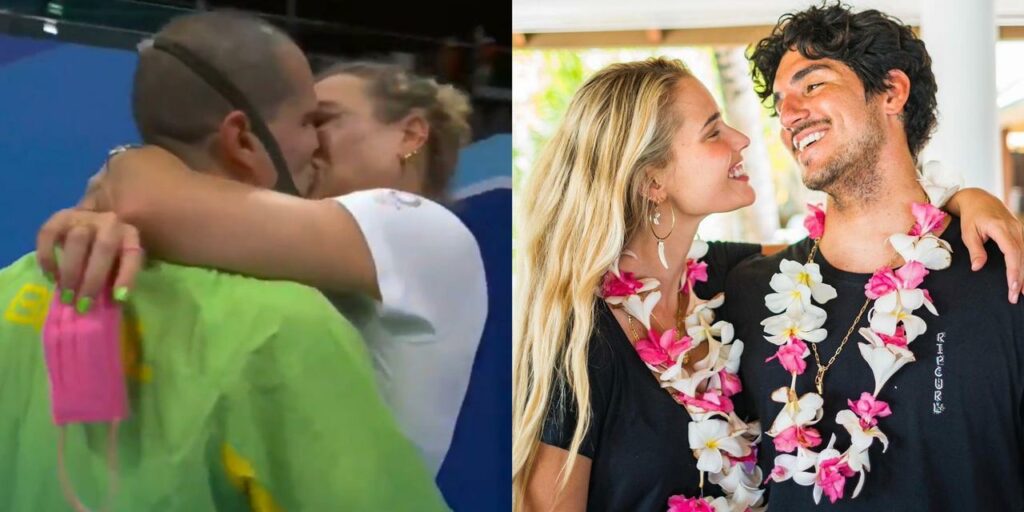 Bruno Fratus beijou a mulher Michelle Lenhardt após ganhar medalha; internet se lembrou de Gabriel Medina e Yasmin Brunet (foto: Reprodução)