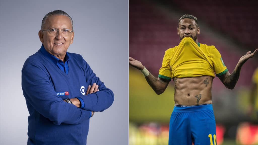 Imagem com montagem das fotos do narrador Galvão Bueno e o jogador Neymar