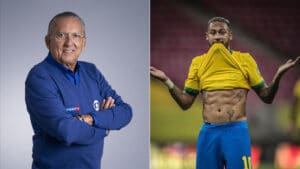 Imagem com montagem das fotos do narrador Galvão Bueno e o jogador Neymar