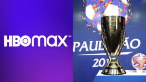 Imagem com montagem do logo do HBO Max e a taça do Campeonato Paulista