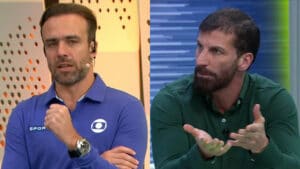 Imagem com foto dos ex-jogadores Roger Flores e Pedrinho, atuais comentaristas da Globo