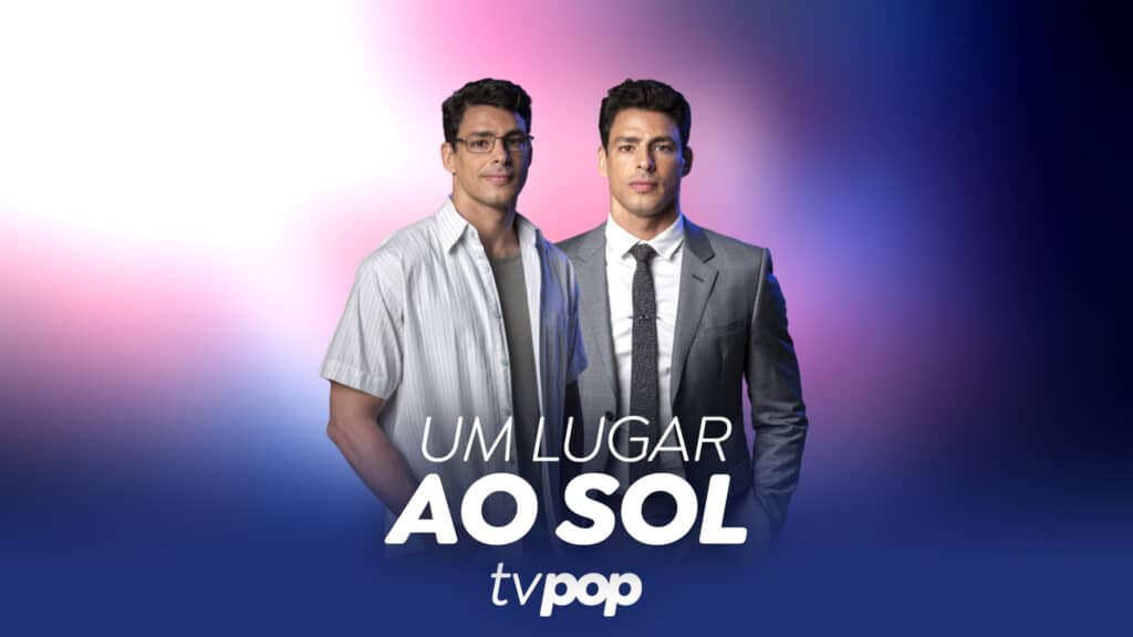 Imagem com arte da novela Um Lugar ao Sol com foto dos personagens Christofer e Christian, interpretados pelo ator Cauã Reymond