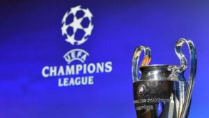 Imagem com logo e taça da Liga dos Campeões da Europa