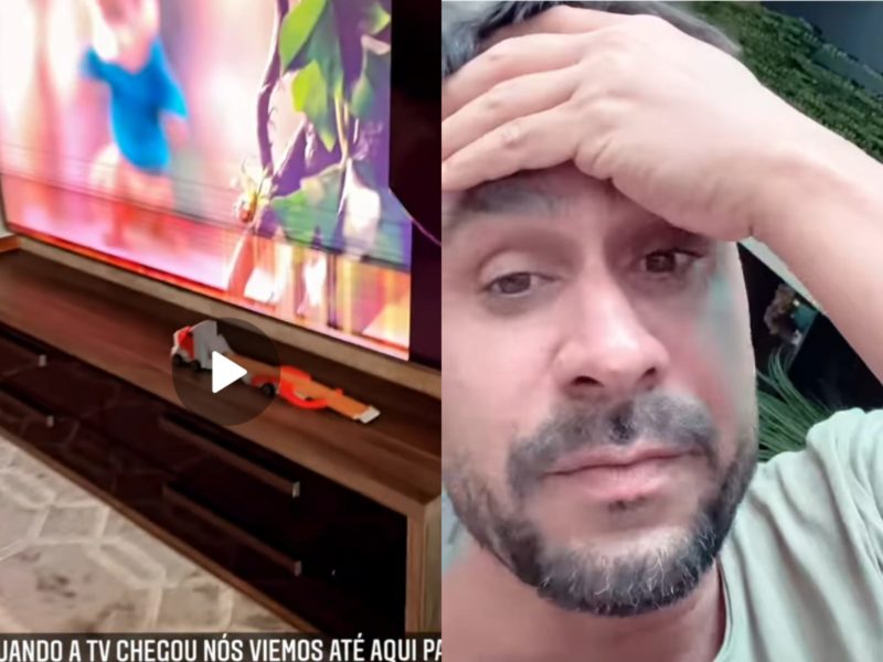 Imagem com montagem da foto da TV quebrada e do ator Júlio Rocha
