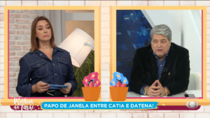Imagem com foto dos apresentadores Catia Fonseca e José Luiz Datena