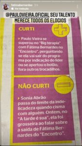 Imagem com print do Story de Fátima Bernardes com crítica sobre Sonia Abrão 