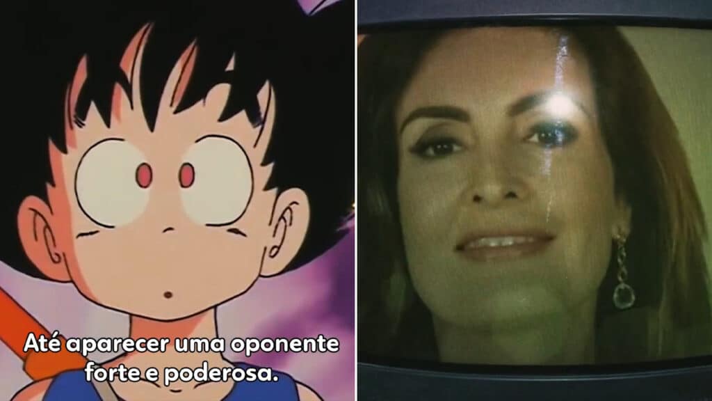 Imagem com montagem das fotos do personagem Goku e apresentadora Fátima Bernardes