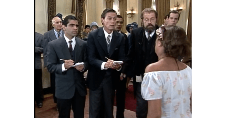 Joana perde a coragem de denunciar Batista para a imprensa ao vê-lo em O Cravo e a Rosa