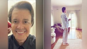 Imagem com foto de Rodrigo Faro caracterizado como Silvio Santos para filme sobre sequestro de Patricia Abravanel