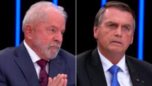 Imagem com montagem das fotos dos candidatos Luiz Inácio Lula da Silva e Jair Bolsonaro em entrevista para Globo no Jornal Nacional