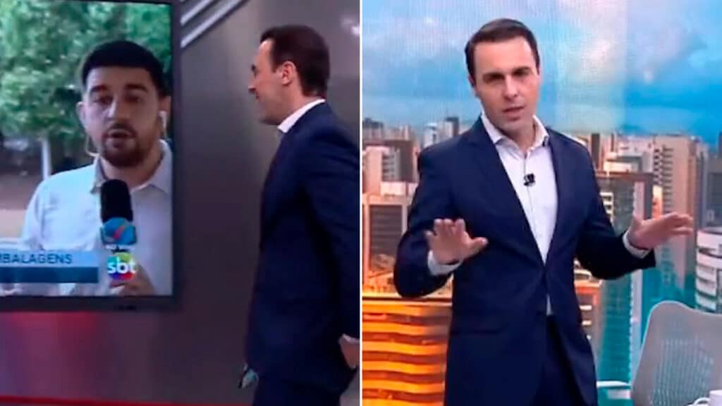 Imagem com montagem das fotos de Rafael Colombo durante falha técnica na CNN Brasil que mostrou imagem do SBT no telão