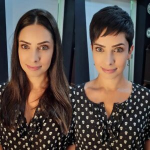 Imagem com foto do antes e depois de Kalinka Schutel