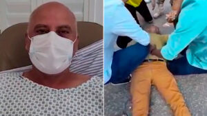 Imagem com montagem das fotos do cinegrafista Rogério de Paula no hospital e no momento da agressão