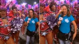 Imagem com foto do momento em que a repórter Fernanda Graell leva tapa acidental durante transmissão dos desfiles do Carnaval do Rio de Janeiro