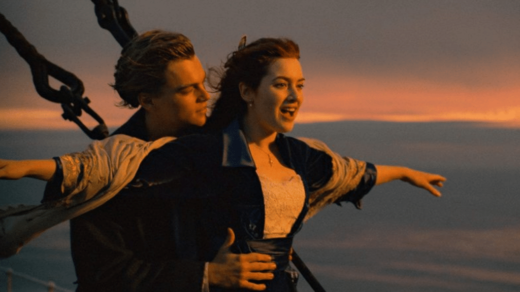 Imagem com foto dos atores Leonardo DiCaprio e Kate Winslet em cena de Titanic