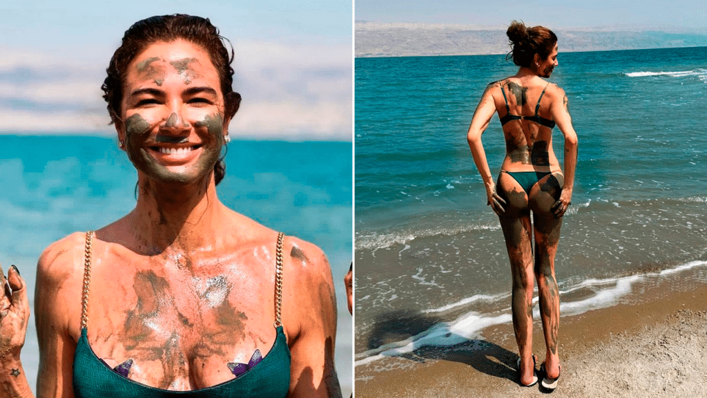 Imagem com montagem das fotos de Luciana Gimenez coberta de lama do Mar Morto