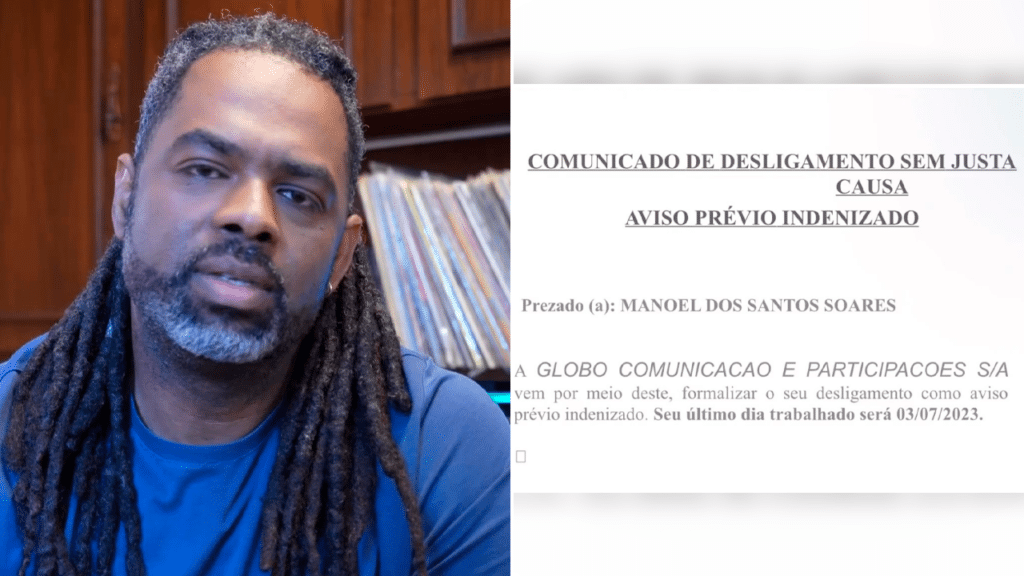Imagem com montagem da foto de Manoel Soares ao lado da carta de demissão da Globo
