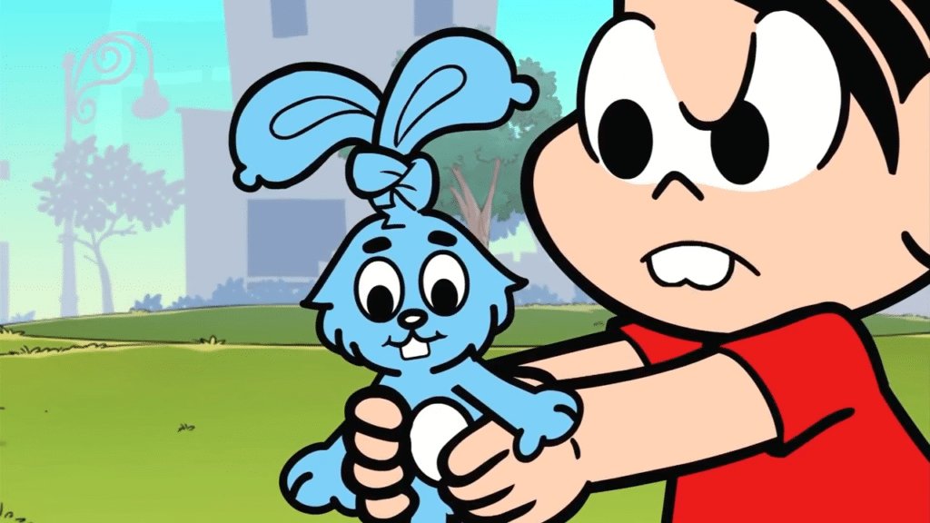 Imagem com foto da personagem Mônica segurando o coelho Sansão na série animada Turma da Mônica