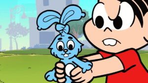 Imagem com foto da personagem Mônica segurando o coelho Sansão na série animada Turma da Mônica