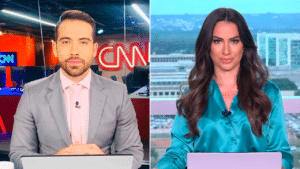 Imagem com foto dos jornalistas Gustavo Uribe e Tainá Falcão, âncoras do novo jornal da CNN Brasil