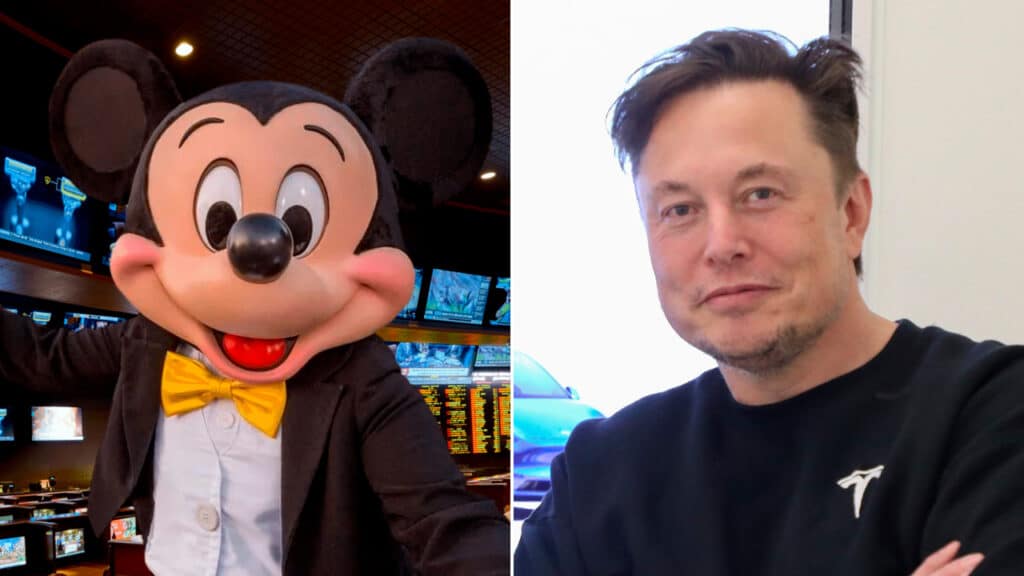 Montagem com as fotos de Mickey, dono da ESPN, e o bilionário Elon Musk