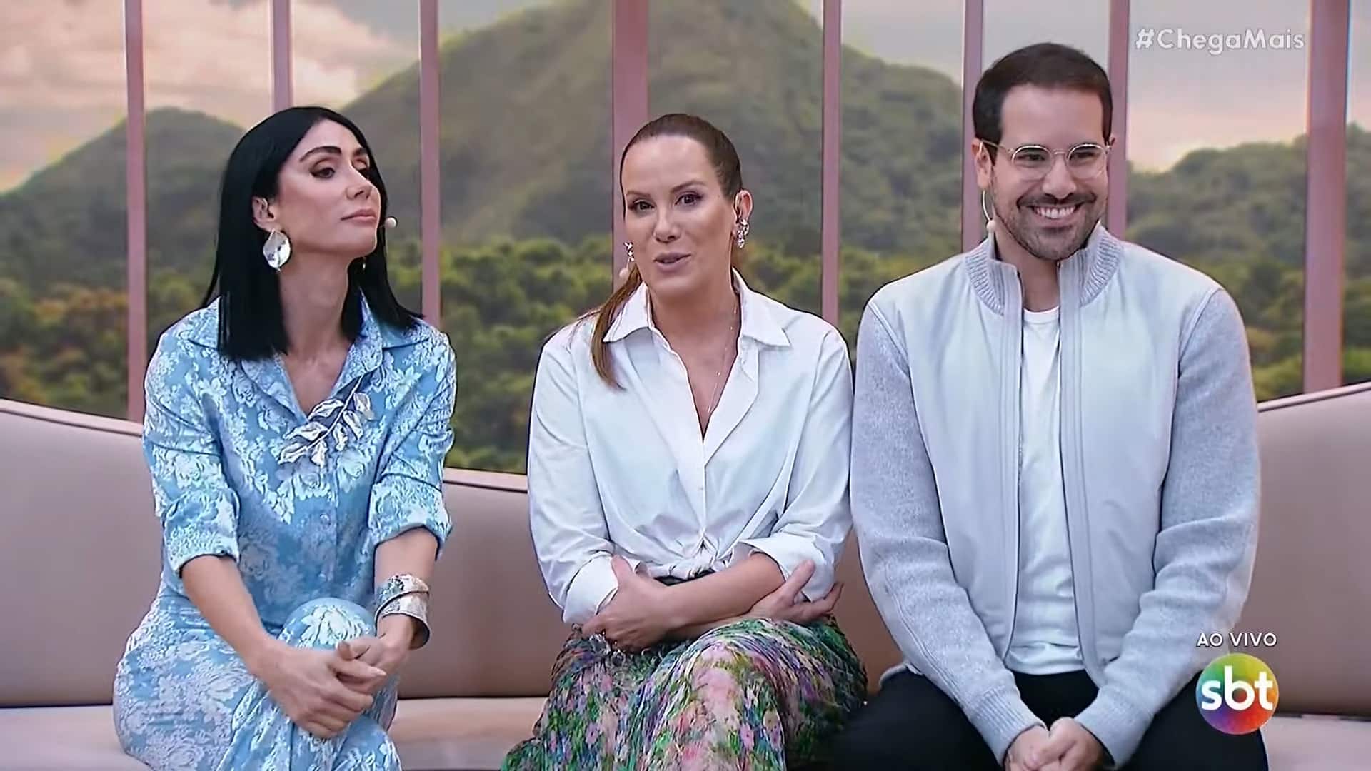 Foto de Michelle Barros, Regina Volpato e Paulo Mathias na estreia do Chega Mais