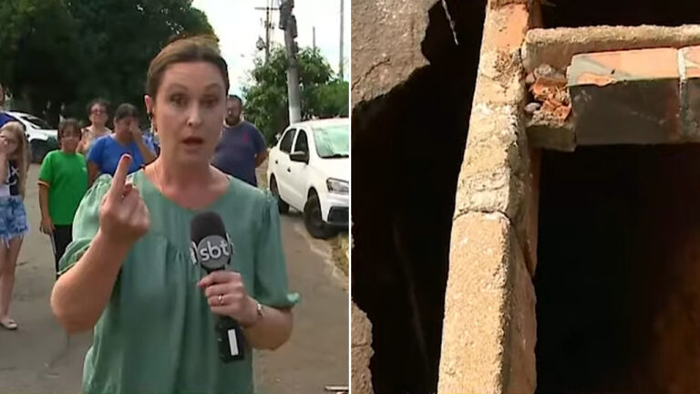 Aline Schneider durante link ao vivo no SBT Rio Grande mostrando buraco aberto em calçada de bairro residencial