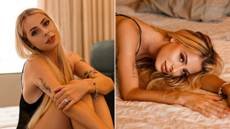 Gabriely Della Colleta em ensaio fotográfico posa sentada abraçando as pernas e deitada sobre a cama com olhar para a câmera