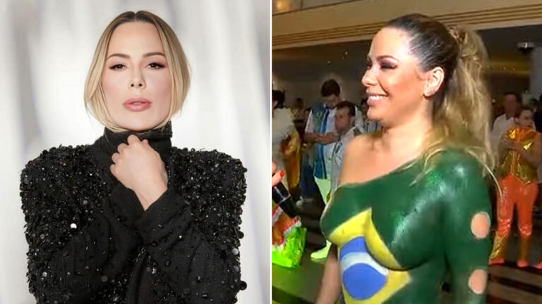 Ju Isen em montagem de fotos aparecendo atualmente com vestido preto bordado e cabelo preso, ao lado de imagem de 2017 no Bastidores do Carnaval da RedeTV! usando pintura corporal com a bandeira do Brasil