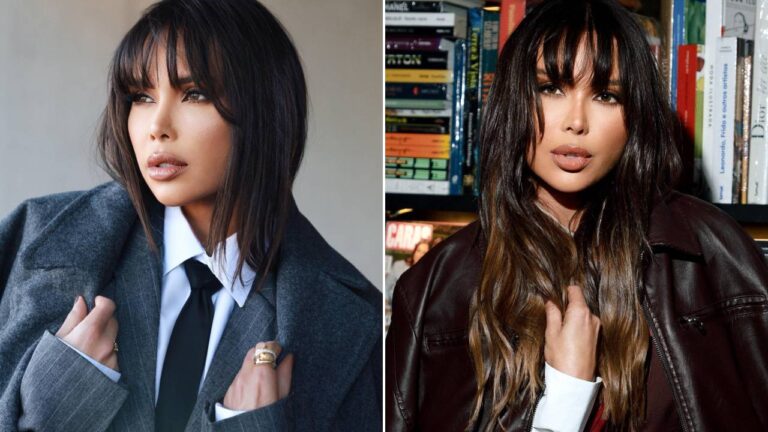 Montagem com Alessandra Batista com cabelo escuro e franja, à esquerda de terno, à direita de jaqueta de couro