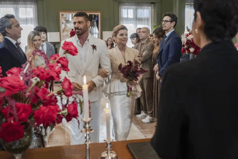 Chega o dia do casamento de César e Odete na mansão de Celina em Vale Tudo