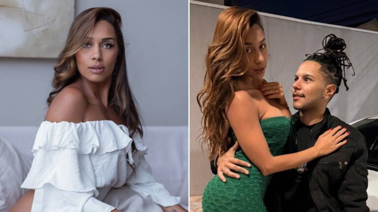 Montagem com Isabela em blusa branca de ombro a ombro e, à direita, abraçada ao ator Prazeres Jr.