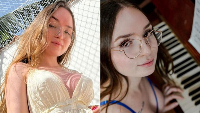 A influencer Babi Palomas de óculos posa em selfie de vestido claro e em close-up junto ao teclado de um piano