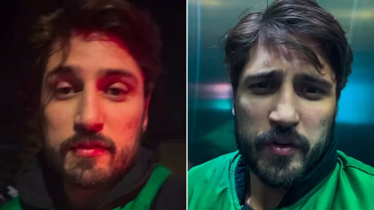 Daniel Rocha aparece em dois momentos usando jaqueta verde enquanto trabalha como motoboy