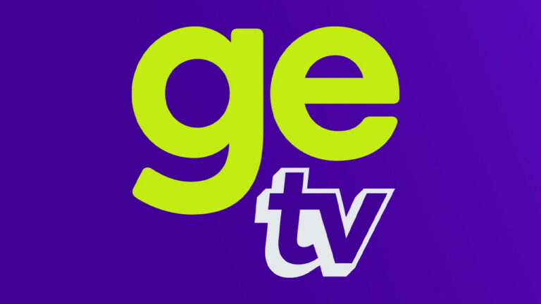 Logotipo da GE TV com letras verdes e brancas sobre fundo roxo do canal esportivo gratuito da Globo