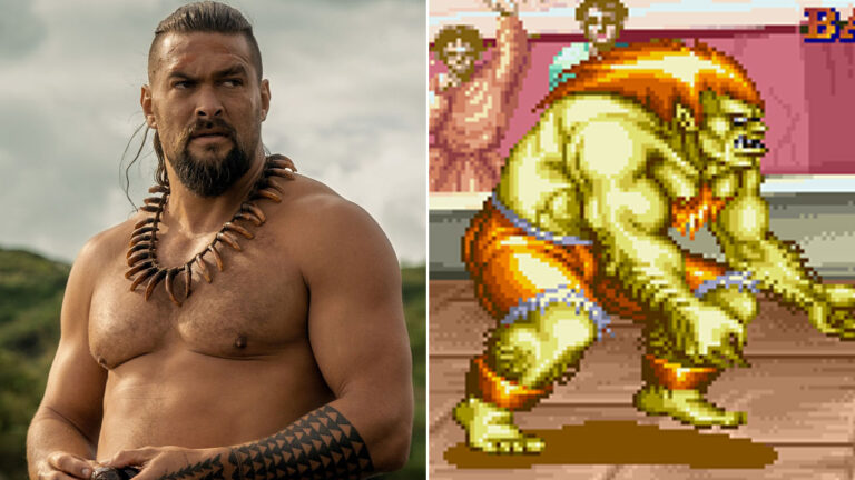 Montagem com Jason Momoa sem camisa usando colar tribal ao lado do personagem Blanka do jogo Street Fighter