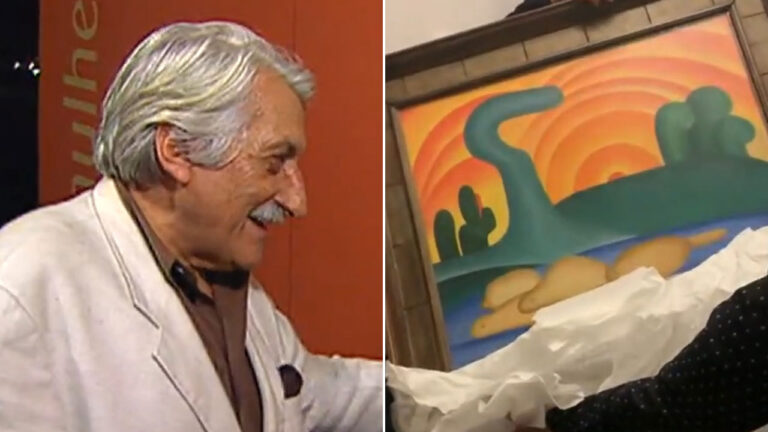 O colecionador Jean Boghici e a pintura O sol poente de Tarsila do Amaral com cores laranja e verde