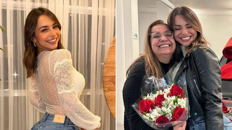 Karol Rosalin posa sorridente de blusa branca rendada e em outra foto abraça a mãe que segura buquê de rosas vermelhas
