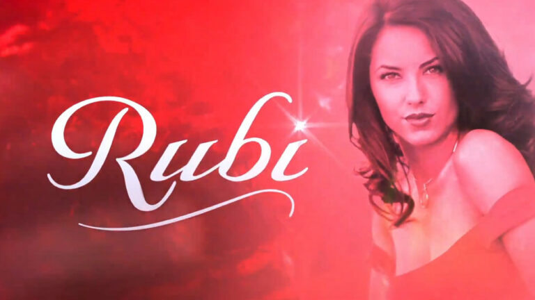 Logotipo da novela mexicana Rubi com Bárbara Mori em destaque sobre fundo vermelho brilhante