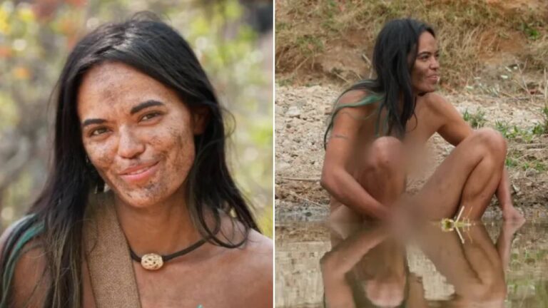 Marina Fukushima em gravação de Largados e Pelados A Tribo com rosto sujo de terra e sentada às margens de um rio