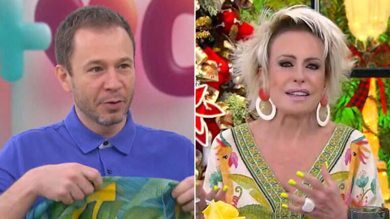 Tiago Leifert segura tecido colorido e Ana Maria Braga fala com decoração natalina ao fundo no Mais Você da Globo