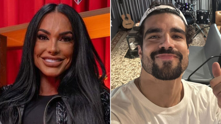 Kamila Simioni e Caio Castro em montagem com ela em ambiente de estúdio e ele em selfie com instrumentos musicais ao fundo