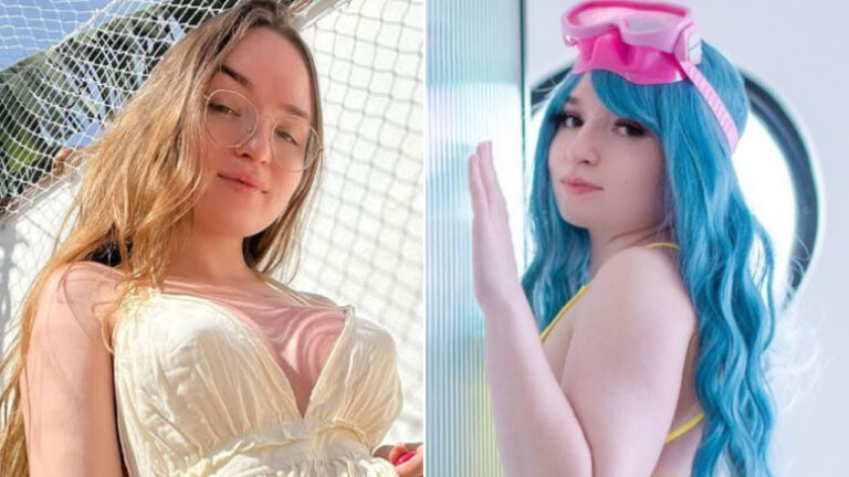 Montagem com Babi Palomas sorrindo de óculos e vestido claro e, à direita, com peruca azul e óculos de natação rosa